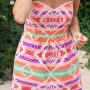 Anthropologie Judith March Neon Tribal Aztec Embroidered Strapless Dress Size M